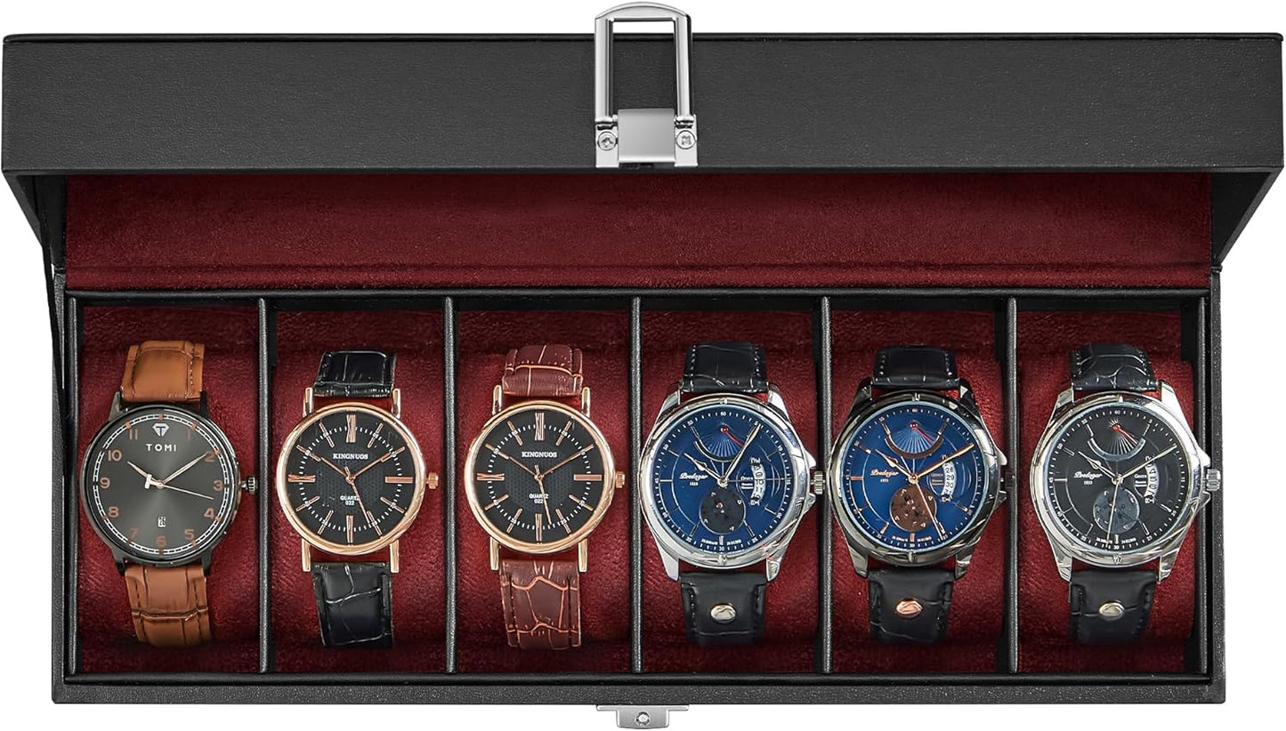 Watch Box, 12-Slot Watch Case with Large Glass Lid, Removable Watch Pillows, Watch Box Organizer, Gift for Loved Ones, Black Synthetic Leather, Wine Red Lining UJWB120R01