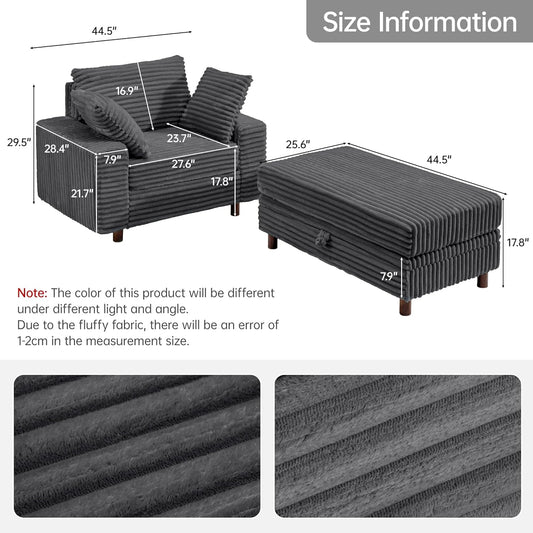 54" Oversized Chaise Lounge Chair Indoor, Comfy Sofa Bed with Removable Storage Ottoman and Pillows, Upholstered Reading Chairs Corduroy Cloud Couches, for Living Room, Gray