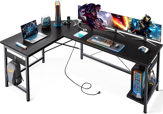 59" L Shaped Gaming Desk with Outlet, L Shaped Desk with CPU Stand, Corner Computer Desk, Home Office Desk, Writing Desk, Black