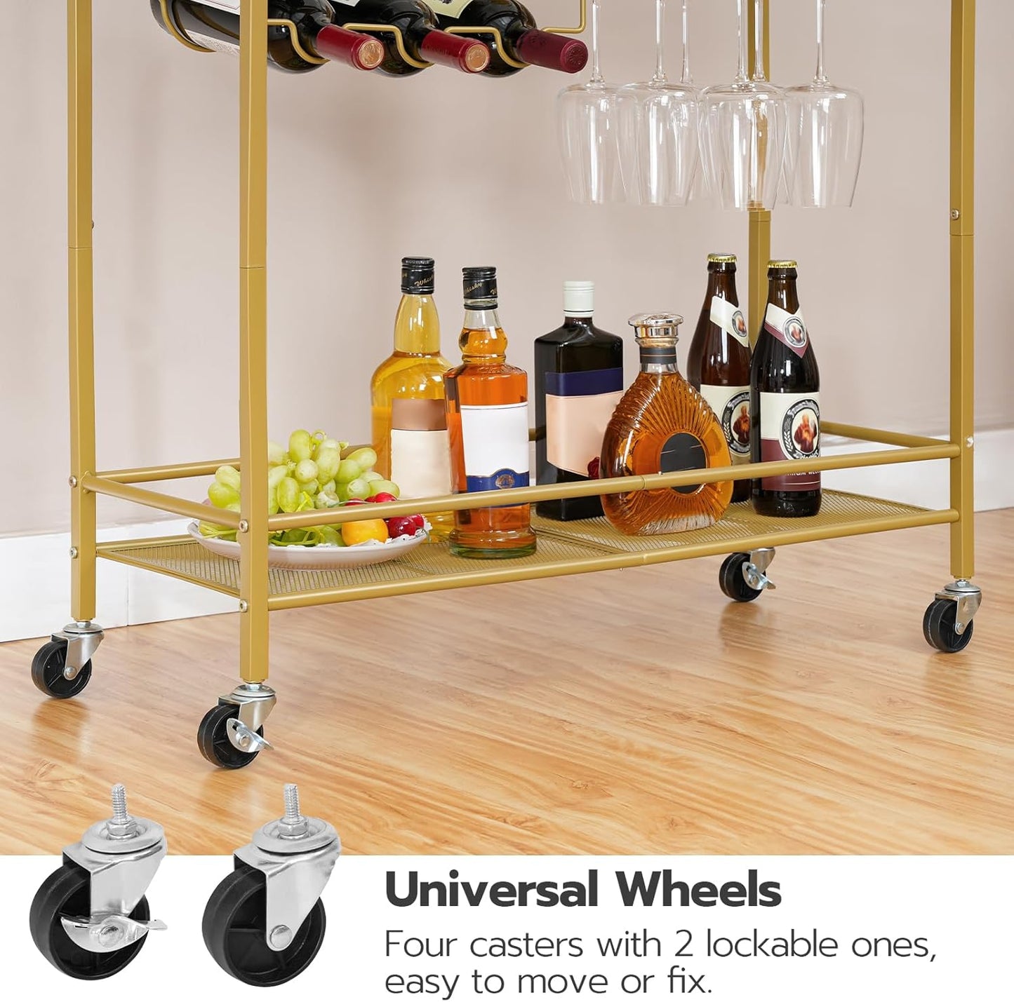 Bar Cart for the Home, 2-Tier Kitchen Cart with Wine Rack and Glass Holder, Serving Cart with Wheels and Guard Rails for Dining Room, Living Room, Party, Bar, Gold GD11TC01