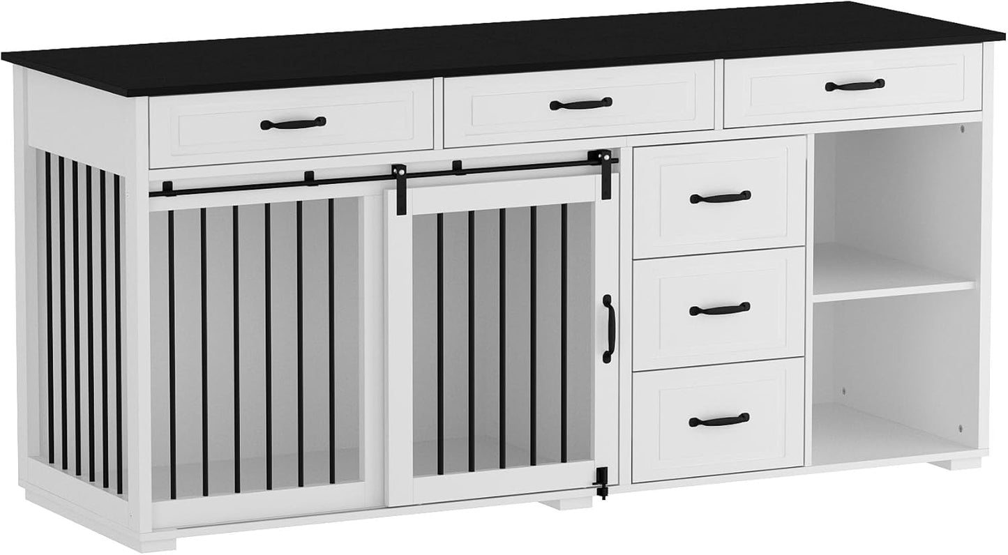 Extra Large Funiture Style Dog Crate with Drawers & Shelves, 67" Luxury Wooden Heavy Duty Single Room Dog Kennel Furniture W/Sliding Door, Indoor Dog House TV Stand, White