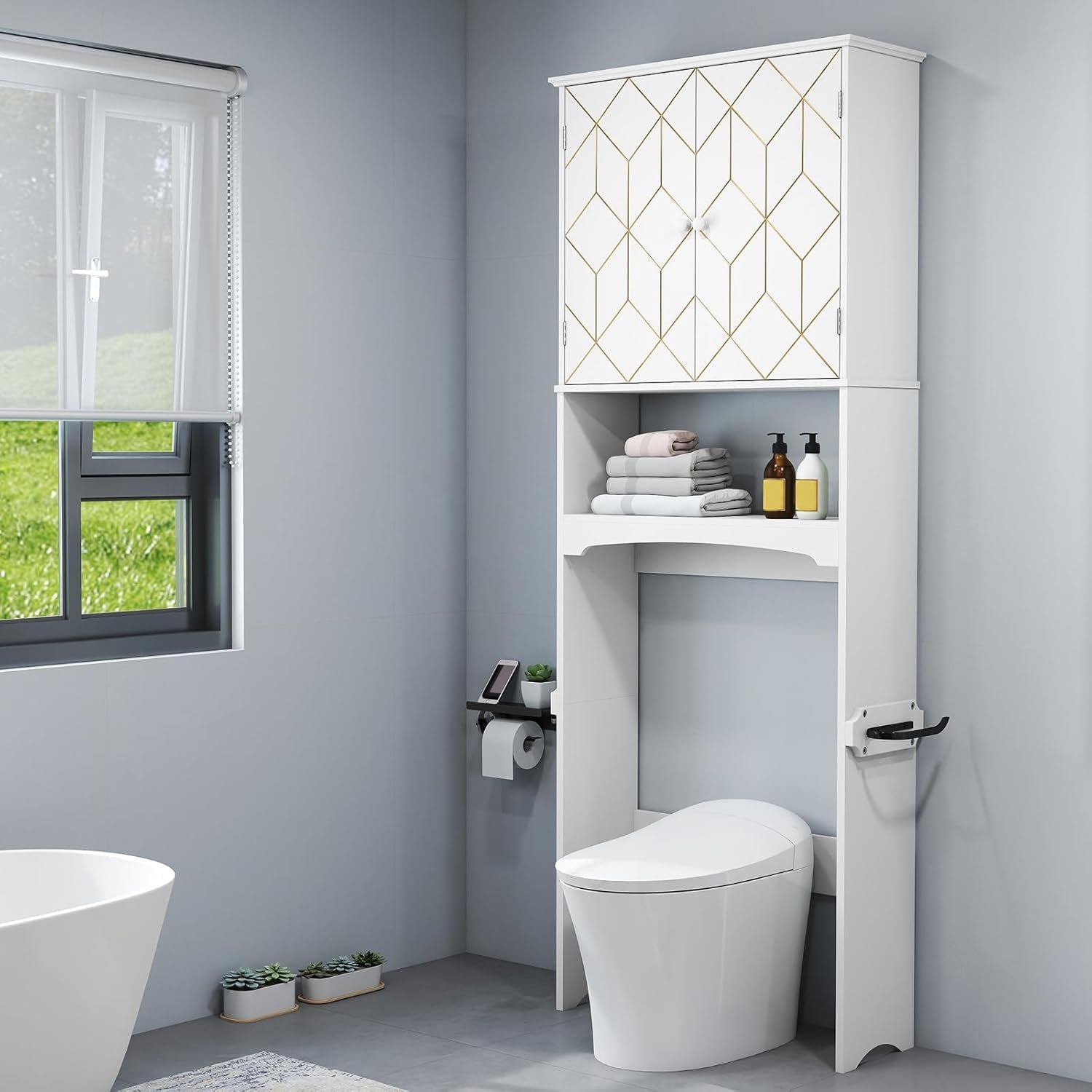over the Toilet Storage Cabinet with Gold Trim,Modern Bathroom Cabinet over Toilet with Adjustable Shelves and Toilet Paper Holder,Over Toilet Organizer Space Saver for Bathroom (Black)