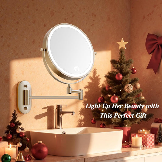 1X/30X Wall Mounted Lighted Makeup Mirror, 8" 3200 Mah Rechargeable Double-Sided Magnifying Mirror, Touch Dimmable 3 Color Lights, 360° Rotating Foldable 14.5" Extension Arm, Brushed Nickel