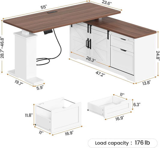 Farmhouse L Shaped Standing Desk, 55 Inch Height Adjustable Corner Desk with Storage Drawers, Standing Computer Desks with Power Outlets for Home Office, White