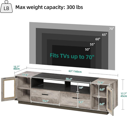 TV Stands for Living Room, Farmhouse TV Stand for 65/70 Inch TV, LED TV Entertainment Center with Storage & Power Outlets, TV Console Cabinet, Rustic Grey