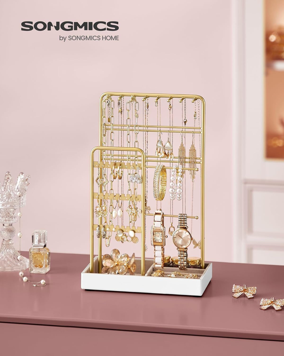 Jewelry Holder, Jewelry Organizer, Jewelry Display Stand with Metal Frame, Velvet Tray, Necklace Earring Bracelet Holder, for Studs, Rings, Gift Idea, Pale Gold UJJS021A01