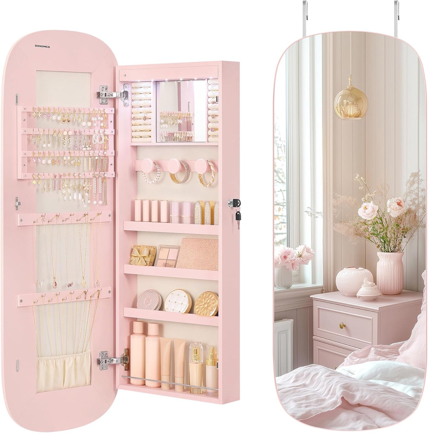 Jewelry Organizer, LED Jewelry Cabinet Wall/Door Mounted, Lockable Rounded Wide Mirror with Storage, Interior Mirror, 3.9 X 16.5 X 42.5 Inches, White Surface with Greige Lining