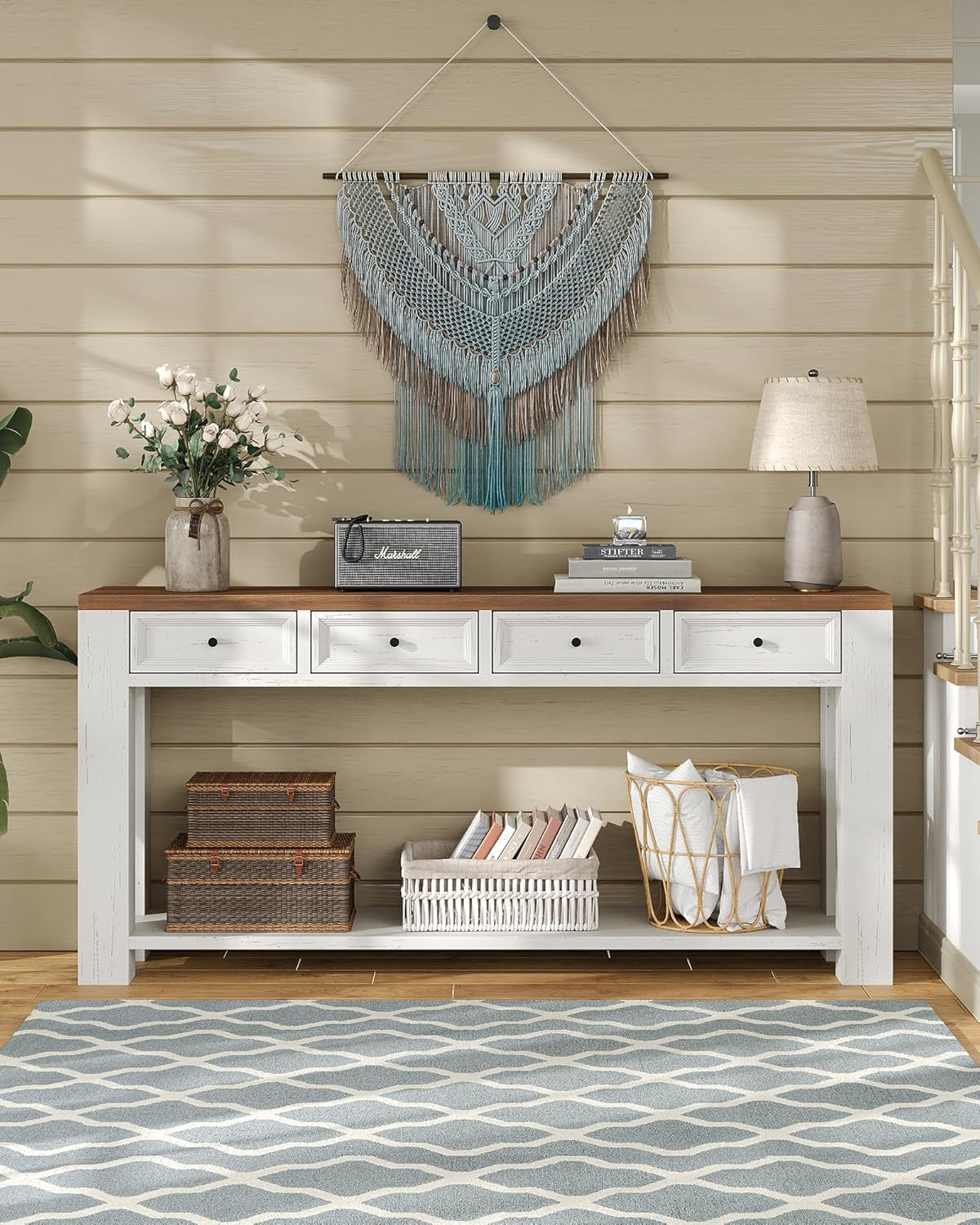 63 Inch Console Table, Sofa Table behind Couch, Entryway Table with 4 Drawers & Open Shelf, Farmhouse Sofa Table for Living Room (White)