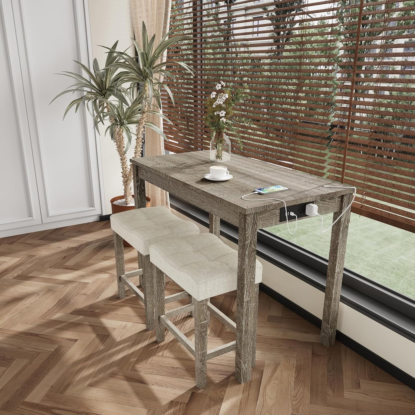 3-Piece Counter Height Bar Table Set with Socket and 2 Fabric Padded Bar Stools, Tall Kitchen Breakfast Dining Table Set with Stools (1+2 Natural)