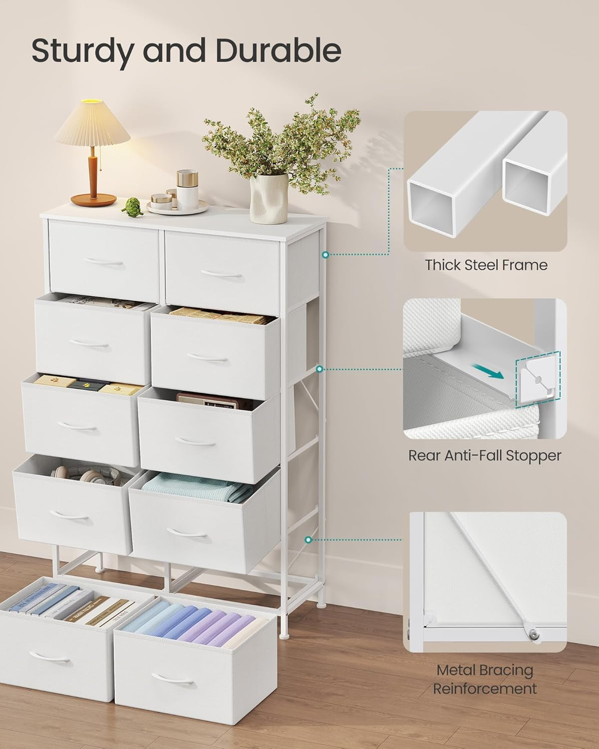 Dresser for Bedroom, Chest of Drawers, Steel, MDF, 10 Non-Woven Fabric Drawers, Storage Organizer Unit, Closet, Entryway, Cloud White and Snow White ULGS125W01S