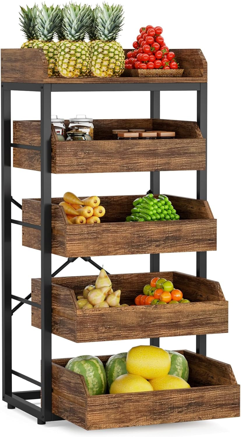 Wood Fruit and Vegetable Storage Rack, 5-Tier Pull-Out Snack Stand Fruit Basket Stand, Utility Shelf Organizer for Kitchen, Living Room, Bedroom, Rustic Brown