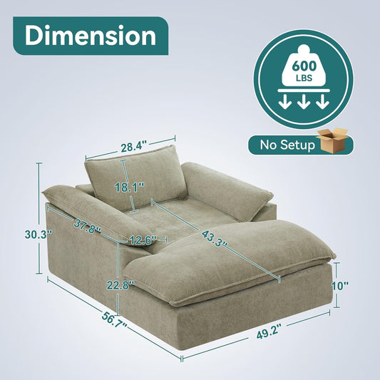 57" Oversized Boneless Chaise Lounge Chair with Ottoman Indoor, Comfy Chenille Upholstered Sofa Bed with Armrest, No Assembly Deep Seat Sleeper Armchairs Couch for Living Room, Bedroom, Green