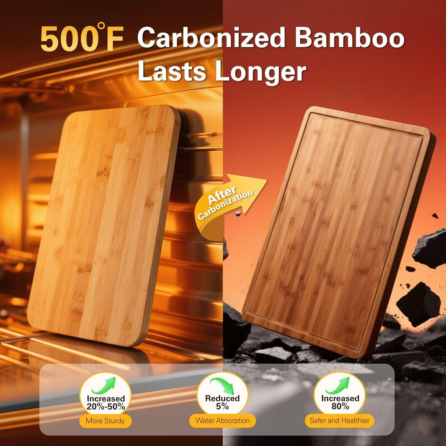 Carbonized Bamboo Cutting Boards for Kitchen, XL Durable Wood Cutting Board with Juice Grooves and Handles, Set of 3 Solid Charcuterie Board for Meal Prep & Serving (13X9.5, 14.5X10.5, 16X11.5)