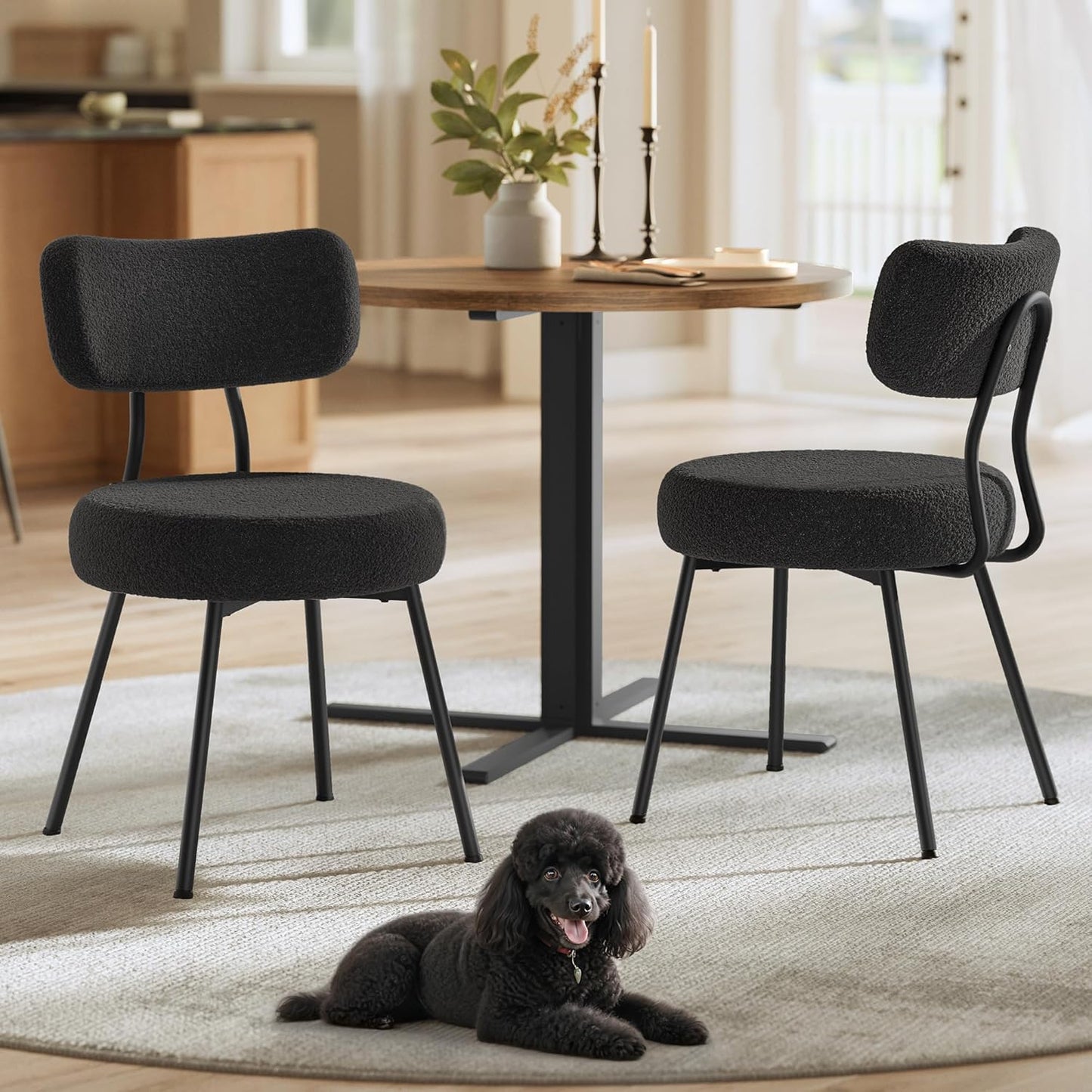 Boucle Dining Chairs Set of 2, Upholstered Kitchen Dining Room Chairs with Curved Backrest and Steel Frame, Modern Mid Century, Round, for Vanity, Living Room, Ink Black UKDC110B01