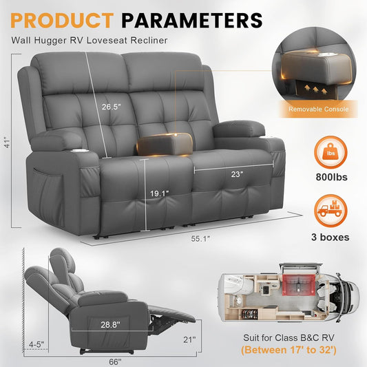 Loveseat Recliner Sofa, RV Wall Hugger Recliners with Insert Pockets, Cup Holders & USB, Home Theater Seating Massage Reclining Couch,150° Sleeper Sofas with Removable Armrest for RV & Living Room