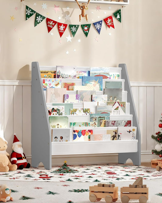 6-Tier Kids Bookshelf, Book Shelf for Kids Room, Sling Bookcase, Magazine and Book Storage Rack, Large Capacity Book Organizer for Nursery, Bedroom, Playroom, White and Gray MCW07WG