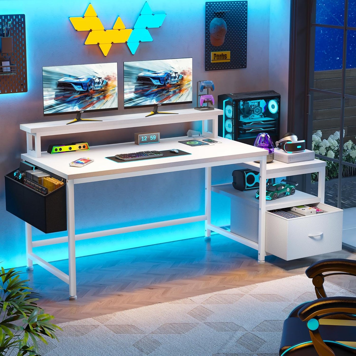 57" Computer Desk with Drawers and Printer Space,Office Desk with Power Outlets,Home Office Desks with File Drawers Cabinet,Study Writing and Gaming Desk with Shelves Monitor Stand,Black