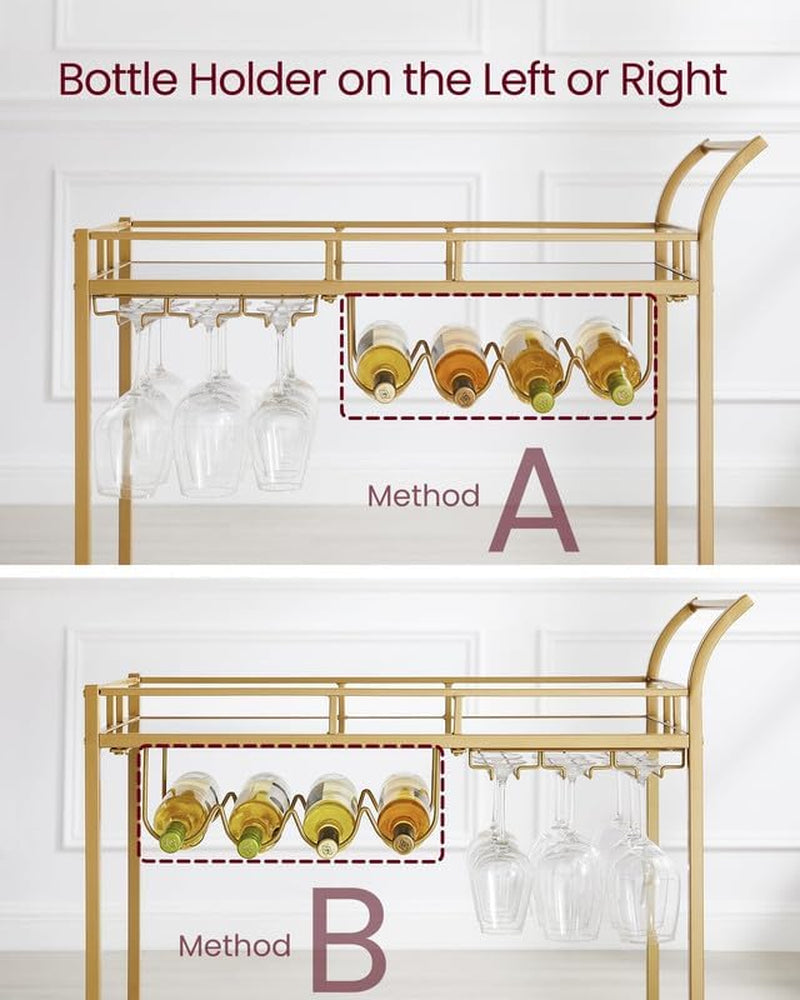 Bar Cart Gold, Home Bar Serving Cart, Wine Cart with 2 Mirrored Shelves, Wine Holders, Glass Holders, for Kitchen, Dining Room, Gold ULRC090A03
