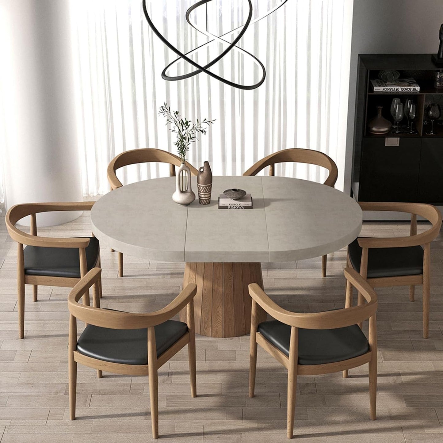 round Extendable Dining Table with Pedestal Base, 39"-55" Expandable Dining Room Table Oval Kitchen Dinette Table for 4-6 (Gray & Walnut)