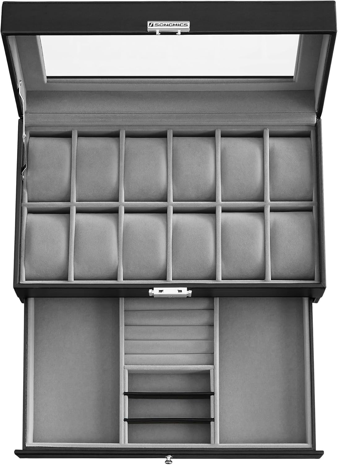 Watch Box, 12-Slot Watch Case Organizer with Large Glass Lid, 2 Layers, Removable Pillows, Metal Lock, Gift for Loved Ones, Black Synthetic Leather, Gray Lining UJWB012