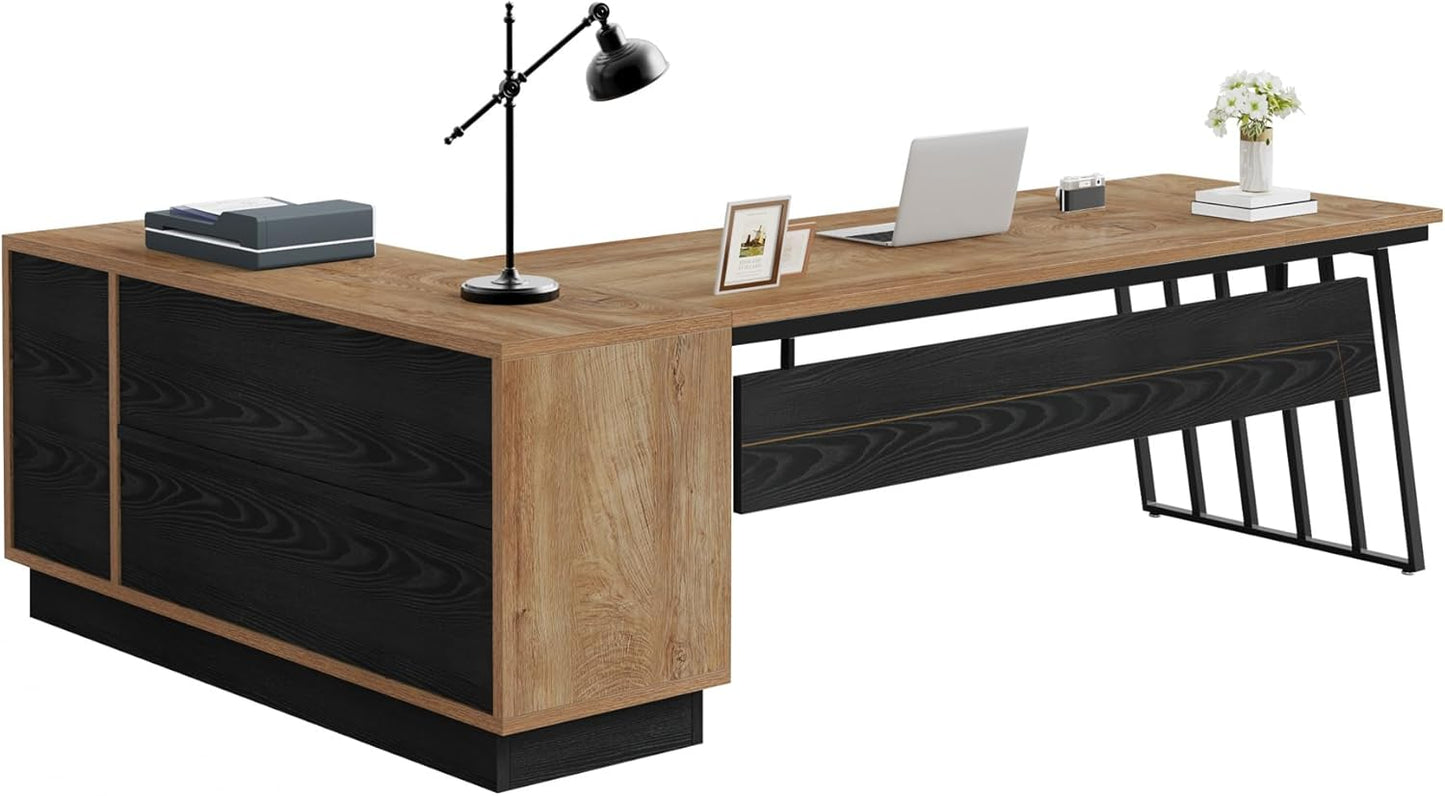71-Inch Executive Desk, L-Shaped Desk with Cabinet, Large Office Desk with Drawers and Storage Shelves, Writing Table Computer Desk for Home Office, Oak and Black