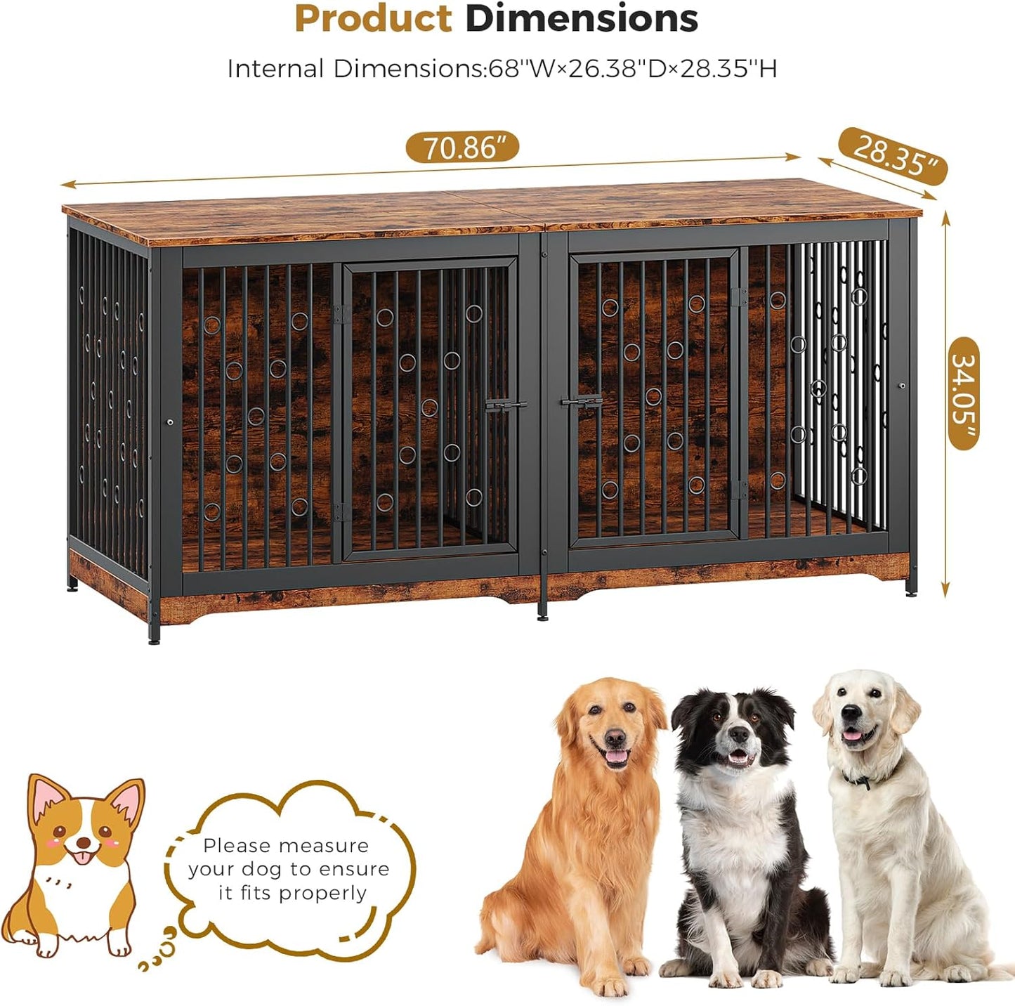 71 Inch Dog Crate Furniture for 2 Dogs with Divider, XXL Wooden Double Dog Cage Furniture TV Stand, Sturdy Indoor Pet Kennel for Medium and Large Breed, Brown