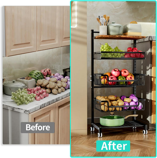 Fruit Basket Kitchen Cart - 5 Tier Adjustable Vegetable Storage Rack, Large Capacity Rolling Kitchen Carts on Wheels for Snack Onion and Potato Storage