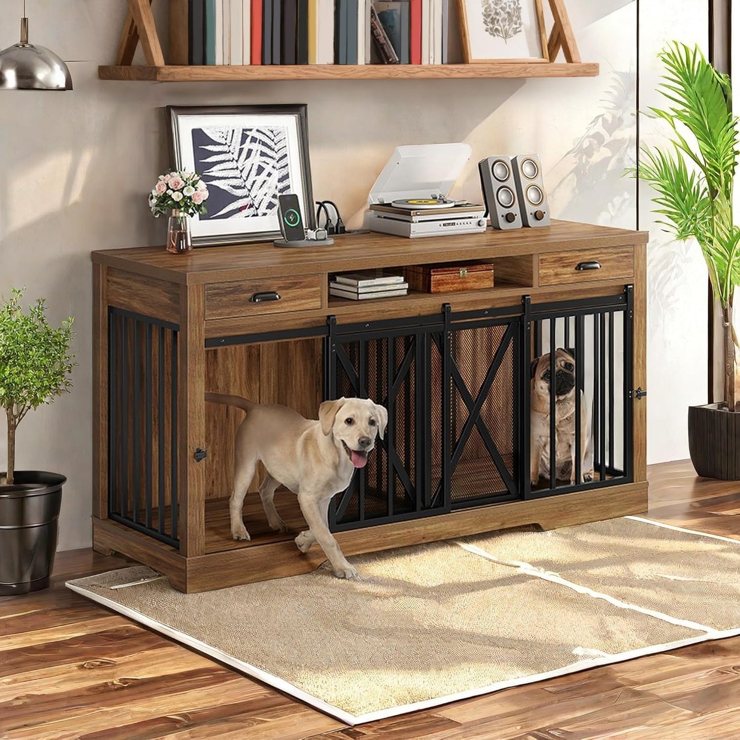 63 Inch Double Dog Crate TV Stand with Charging Station, Heavy Duty Wooden Cage Furniture for 2 Dogs, Dog Kennel Indoor Furniture Double Sliding Barn Door Design Ideal for 2 Dogs, Oak