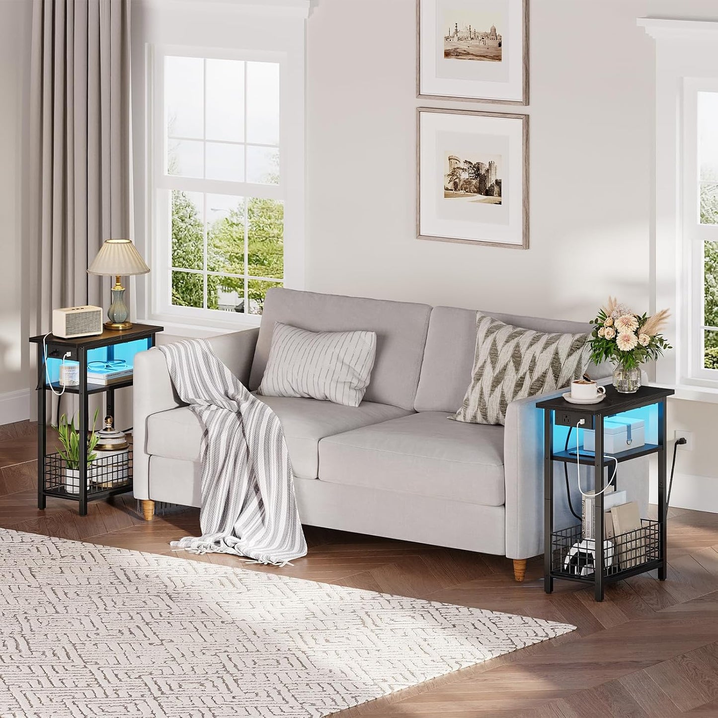 Narrow Side Table with Charging Station and LED Light, Small End Table with Storage, Skinny Nightstand with USB Port, Slim Bedside Table for Small Spaces, Living Room, Rustic Brown BF242UDBZ01