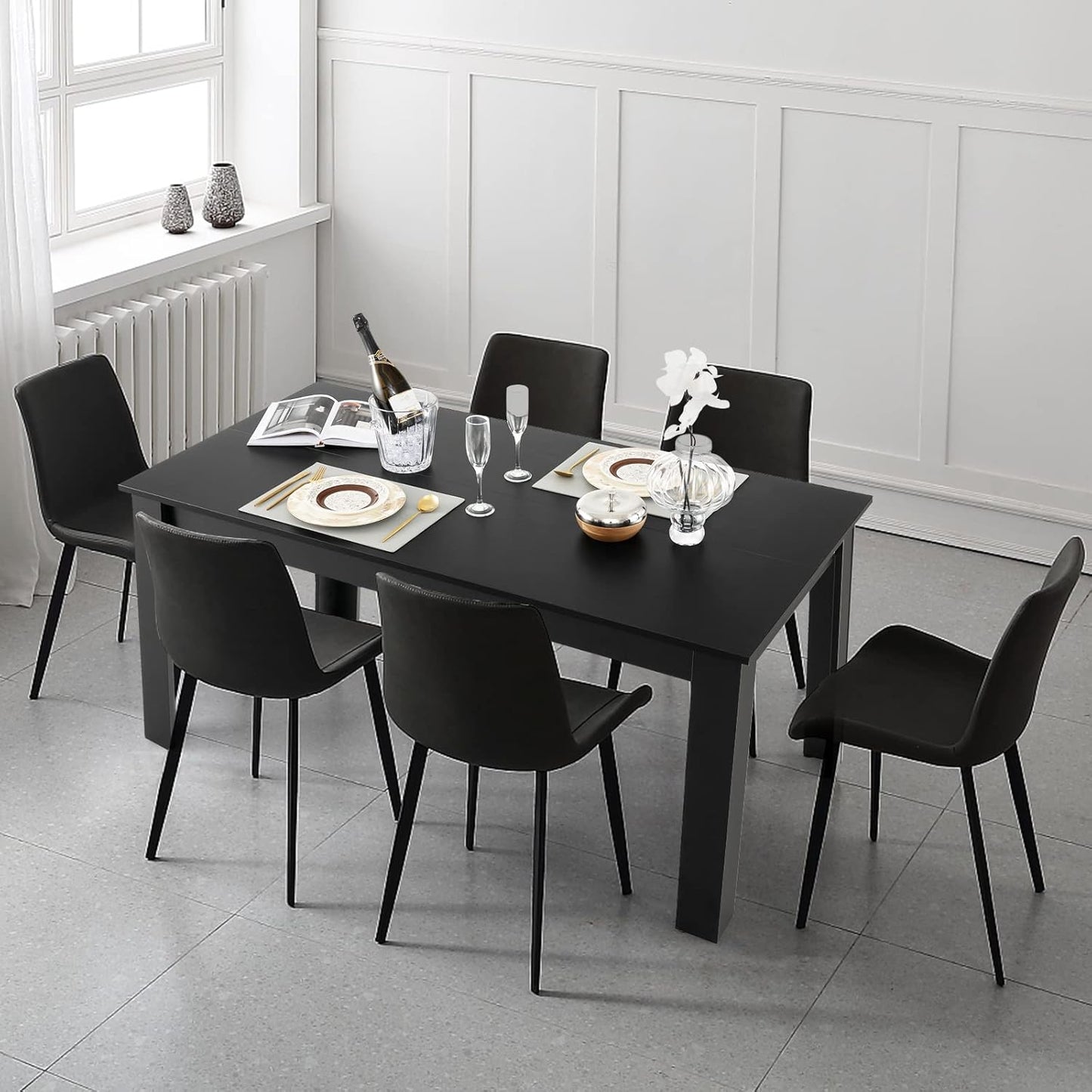 Dining Table for 6, Rectangular Kitchen Table with 330Lbs Capacity, Stable Structure, 63" L X 31.5" W X 30" H Large Farmhouse Center Tables for Dinner, Dinette, Dining Room, Black