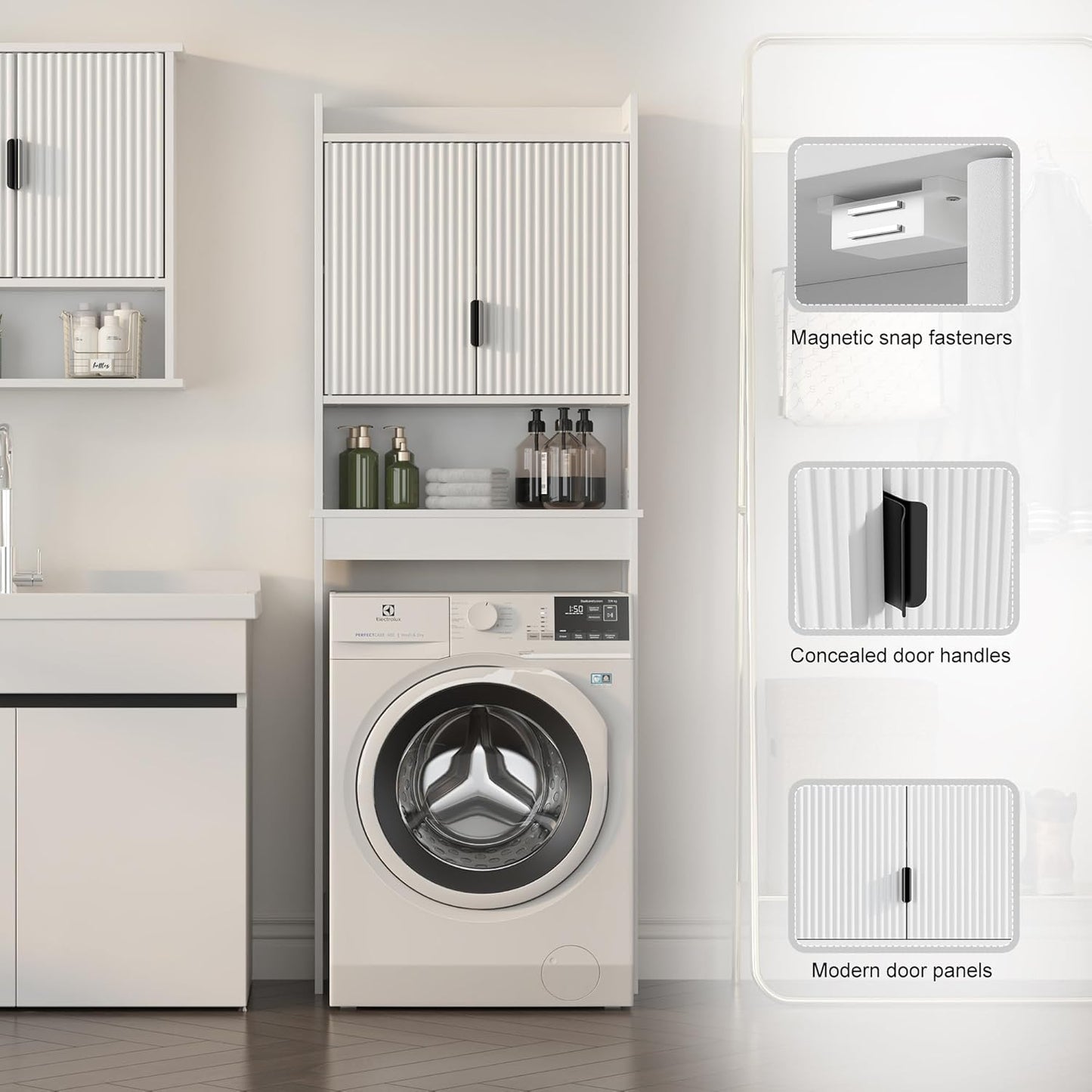 Over the Toilet Storage Cabinet,Behind Toilet Bathroom Organizer with Anti-Tip,Space-Saving Toilet Shelf with Storage,Stylish Wave Pattern & Hidden Handle,Bathroom Shelf for Restroom/Laundry