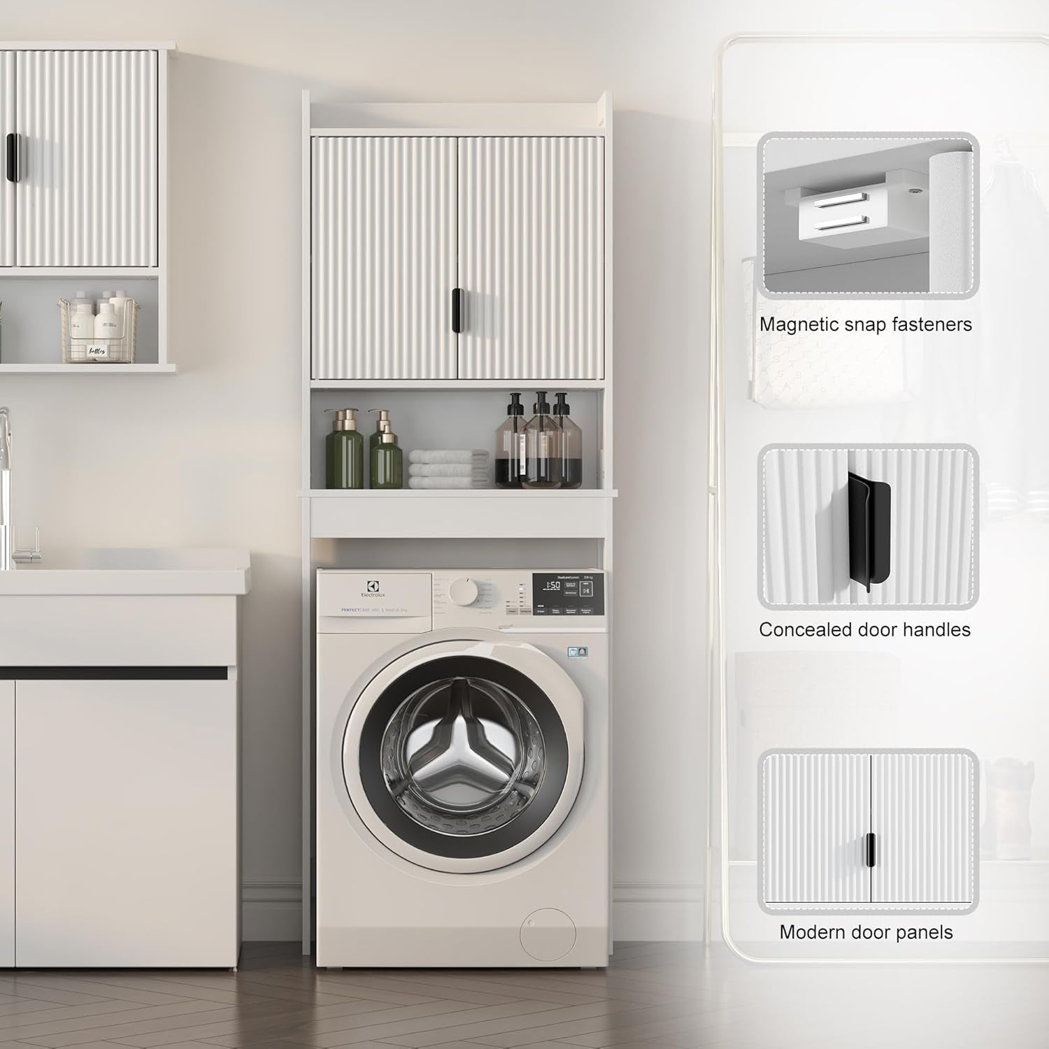 Over the Toilet Storage Cabinet,Behind Toilet Bathroom Organizer with Anti-Tip,Space-Saving Toilet Shelf with Storage,Stylish Wave Pattern & Hidden Handle,Bathroom Shelf for Restroom/Laundry