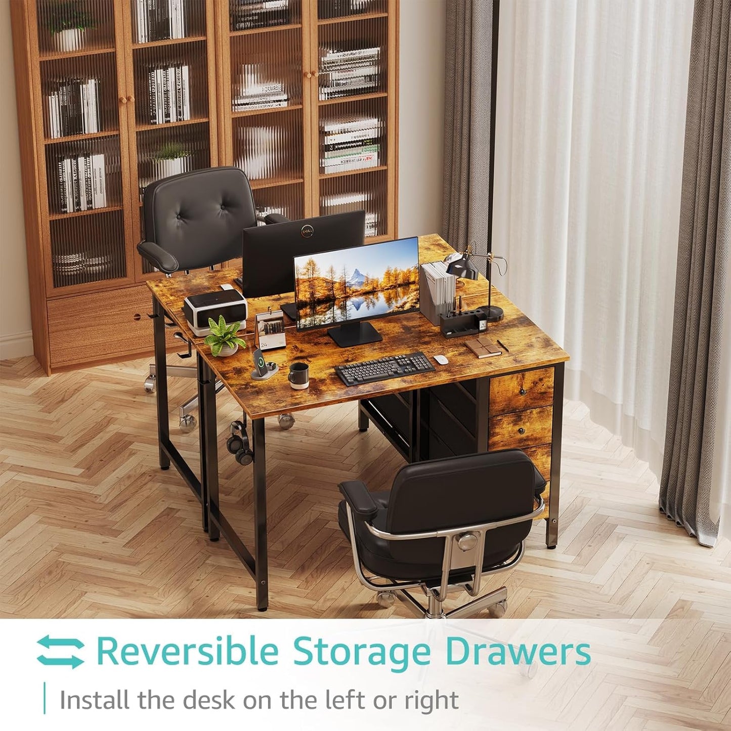 Computer Desk with Fabric Drawers - 55 Inch Long Study Work Writing Desk for Home Office Bedroom, Reversible Simple Modern Cute PC Desks with Drawer, Rustic Brown