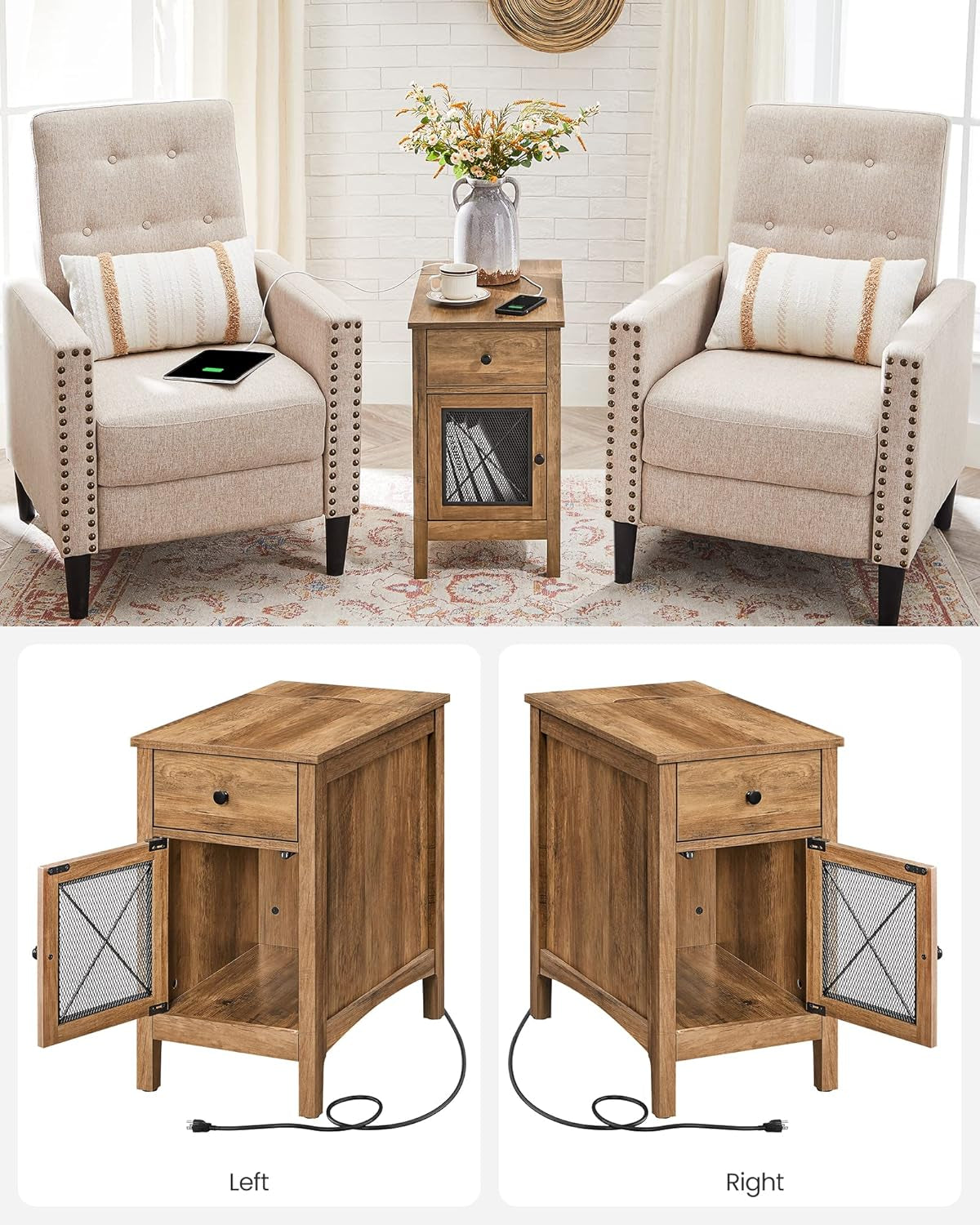 Side Table with Storage, End Table with USB Ports and Outlets, Nightstand with Charging Station, Drawer, Storage Cabinet, Magazine Rack, for Living Room, Bedroom, Rustic Walnut ULET312T41