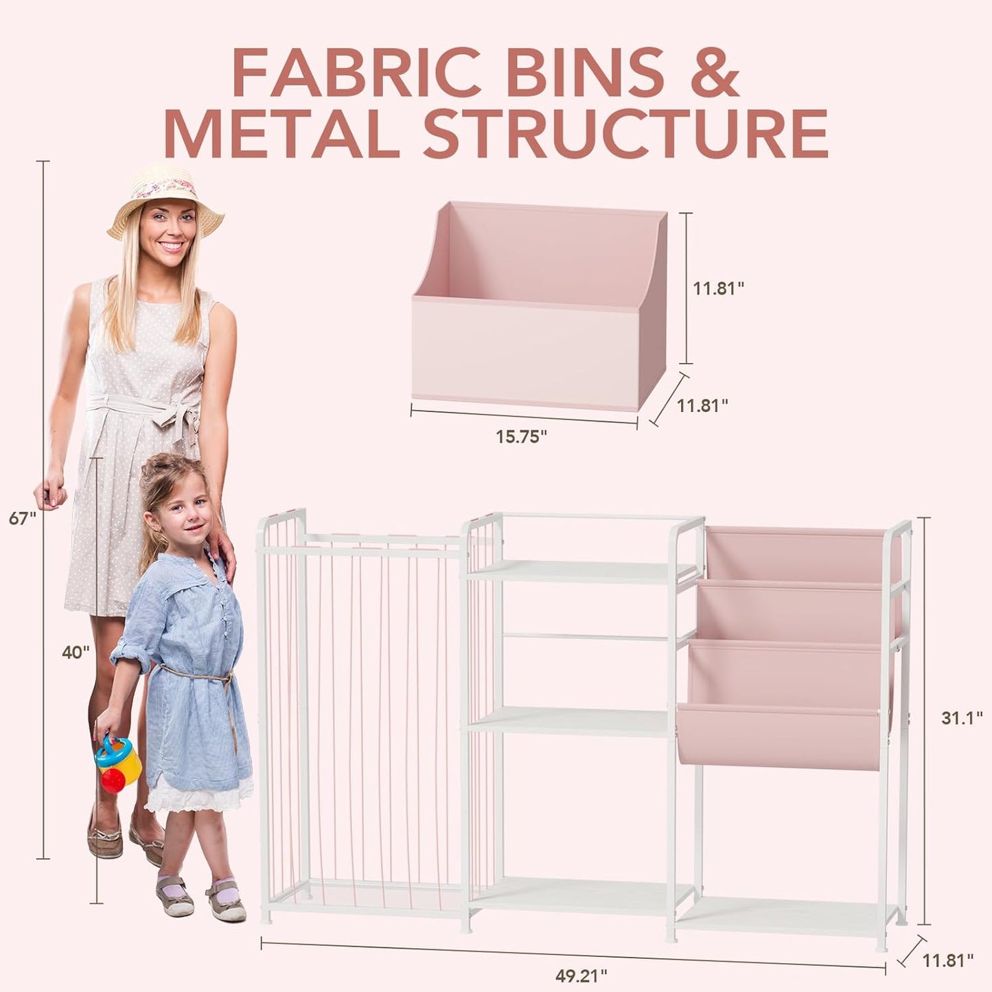 3In1 Stuffed Animal Storage Organizer - Toy Storage with Kids Bookshelf & Large Plushies Holder for Kids Room - Multi-Functional Furniture for Nursery, Bedroom, and Playroom, Pink