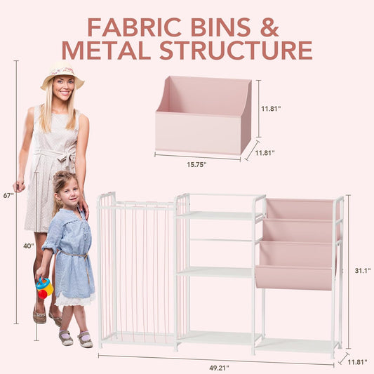 3In1 Stuffed Animal Storage Organizer - Toy Storage with Kids Bookshelf & Large Plushies Holder for Kids Room - Multi-Functional Furniture for Nursery, Bedroom, and Playroom, Pink