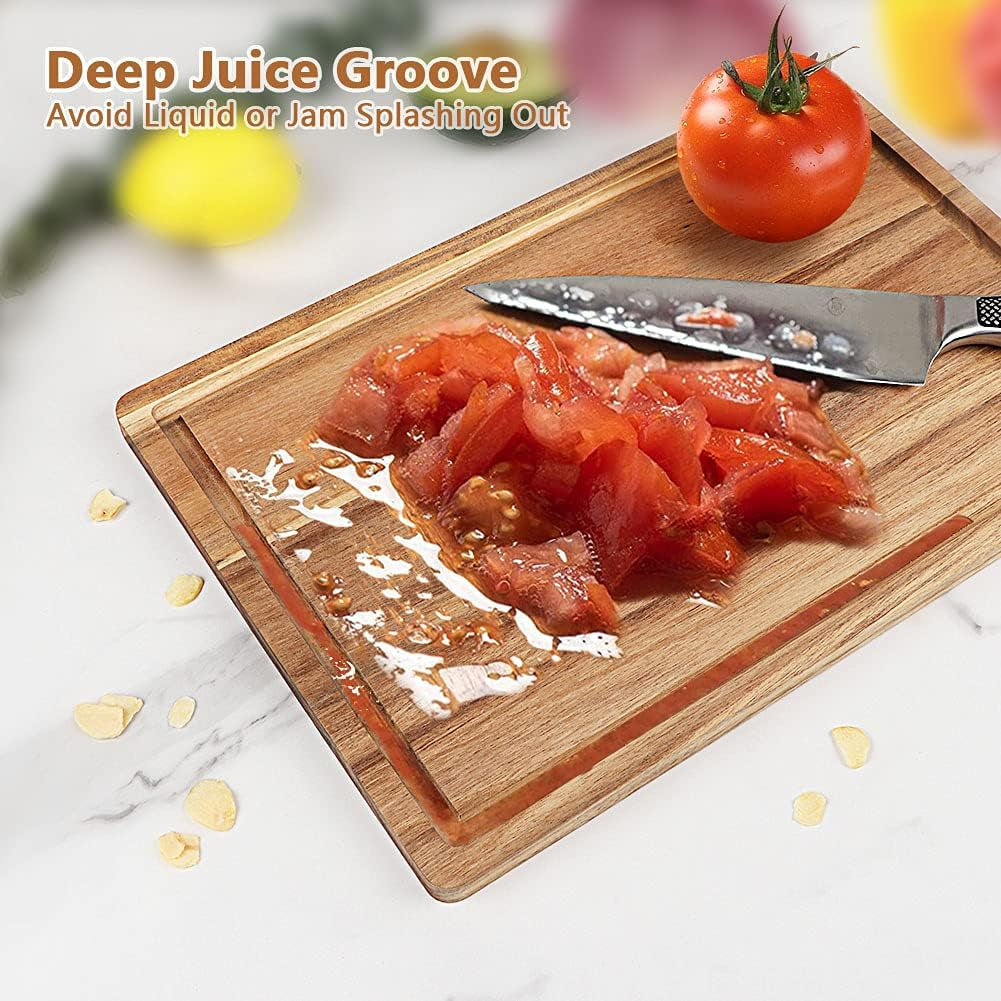 Acacia Wood Cutting Board Set with Juice Groove (3 Pieces), Organic Wooden Cutting Boards for Kitchen, Butcher Block Cutting Board for Meat, Vegetable, Wooden Chopping Board 15X10, 12X8, 9X6 Inch