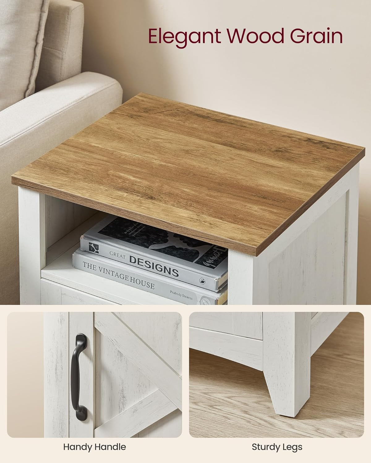 LIRY Collection - Farmhouse Nightstand with Barn Door, Set of 2, Bedside Table with Storage, Side End Table, Night Stand, Open Compartment, for Bedroom, Rustic White and Honey Brown ULET809K41