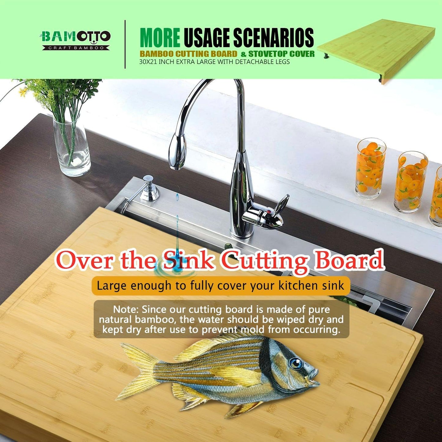 30 X 21 in Extra Large Bamboo Cutting Board and Stovetop Cover, Stove Top Cover Chopping Board with Detachable Legs and Juice Groove, Sink Cover Board, for Restaurant Kitchen Countertop