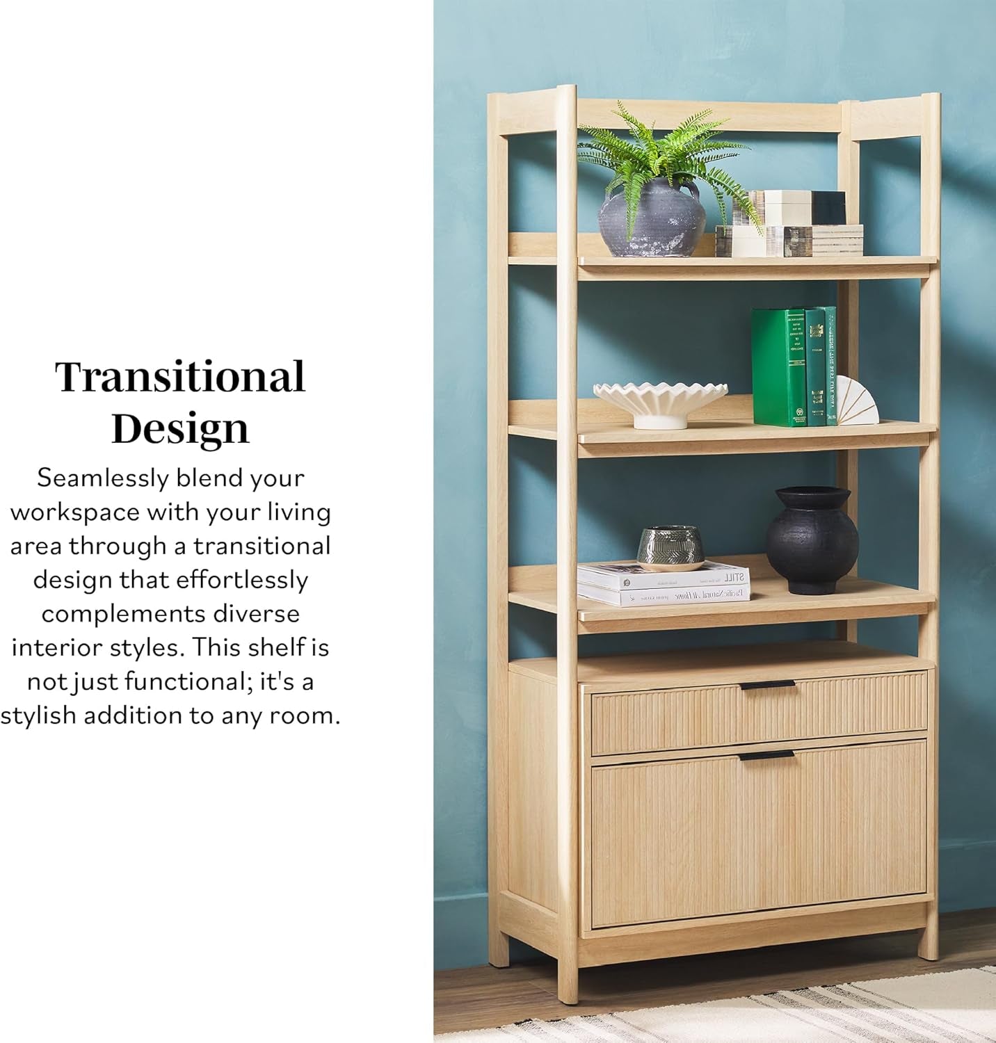 Transitional Open Reeded 4-Shelf Bookshelf with Drawers on Bottom, Versatile Bookcase with Bottom Storage for Home Office, Living Room, Bedroom, 33”W X 16.75”D X 70”H, Coastal Oak