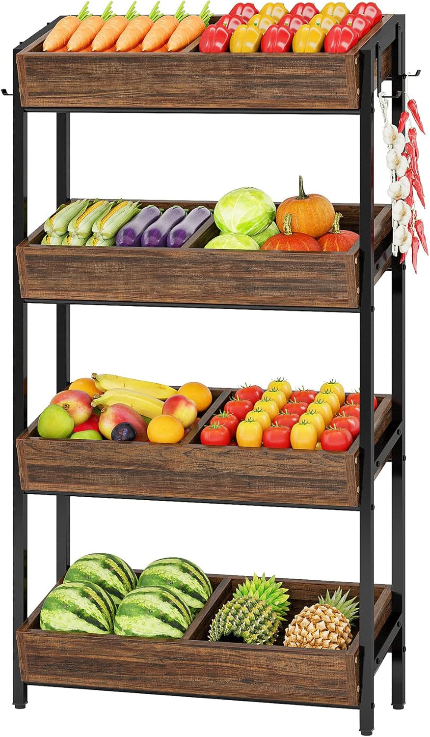 Wood Fruit and Vegetable Basket Stand Rack for Kitchen, Office, Store, Supremarket, Pantry Shelf Unit for Snacks, 4-Tier Wooden Utility Storage Shelves (Brown+Black)