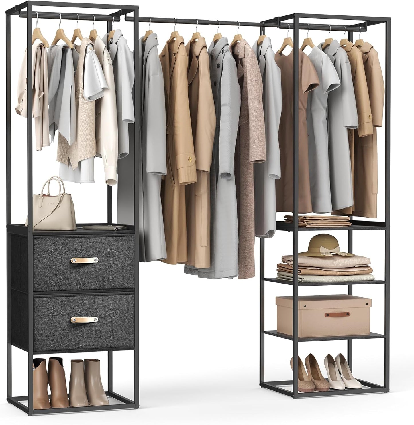 Clothes Rack, 70.9 Inch Wardrobe Freestanding Closet, Heavy Duty Garment Rack with 1 Extendable Hanging Rod, 2 Drawers and 4 Shelves, for Bedroom, Space-Saving, Rustic Brown URGR003B01