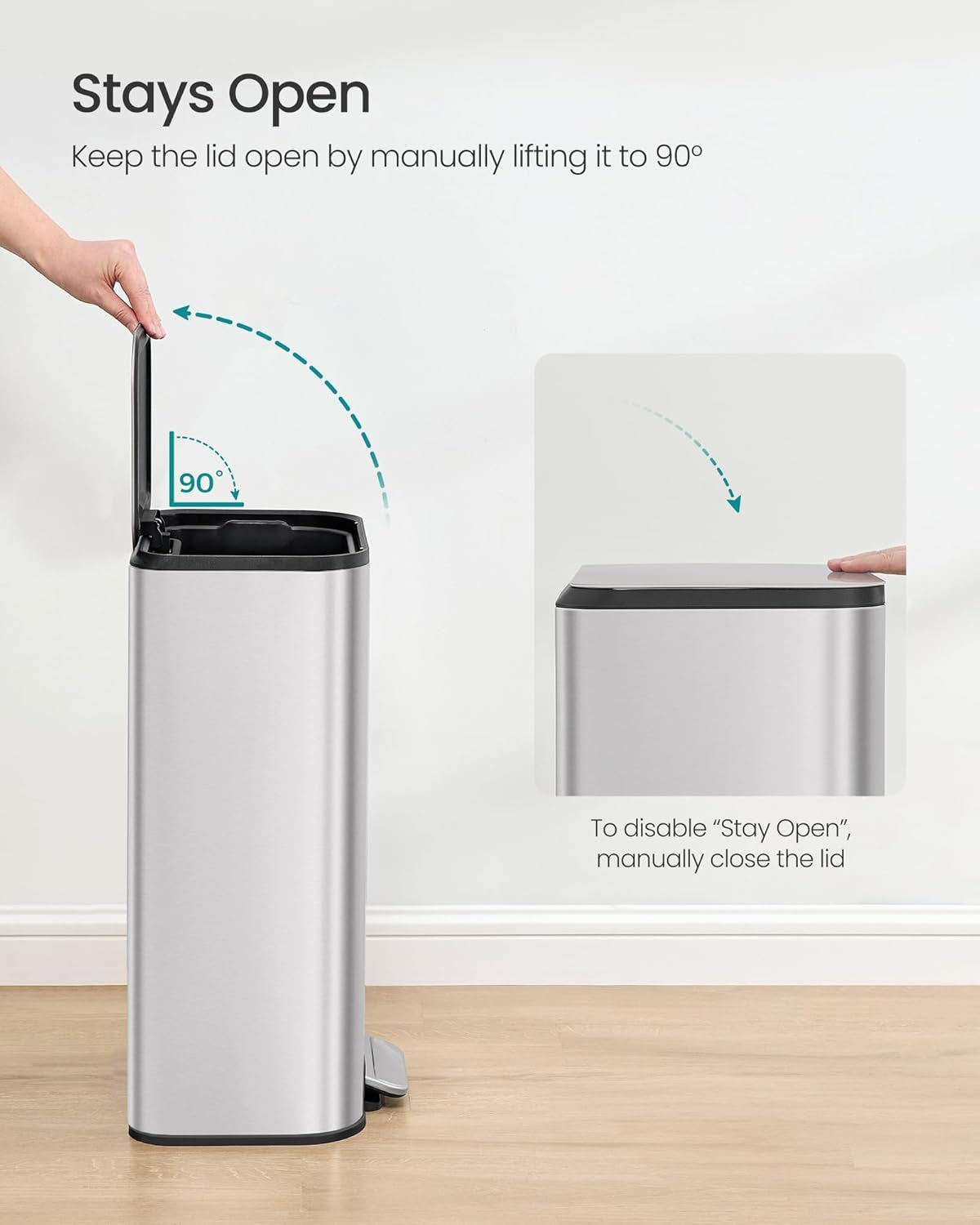 Kitchen Trash Can, 8-Gallon (30 L) Garbage Can with Lid, Stainless Steel, Soft Close and Stays Open, Inner Bucket, Wide Non-Slip Pedal, Metallic Silver ULTB546E01