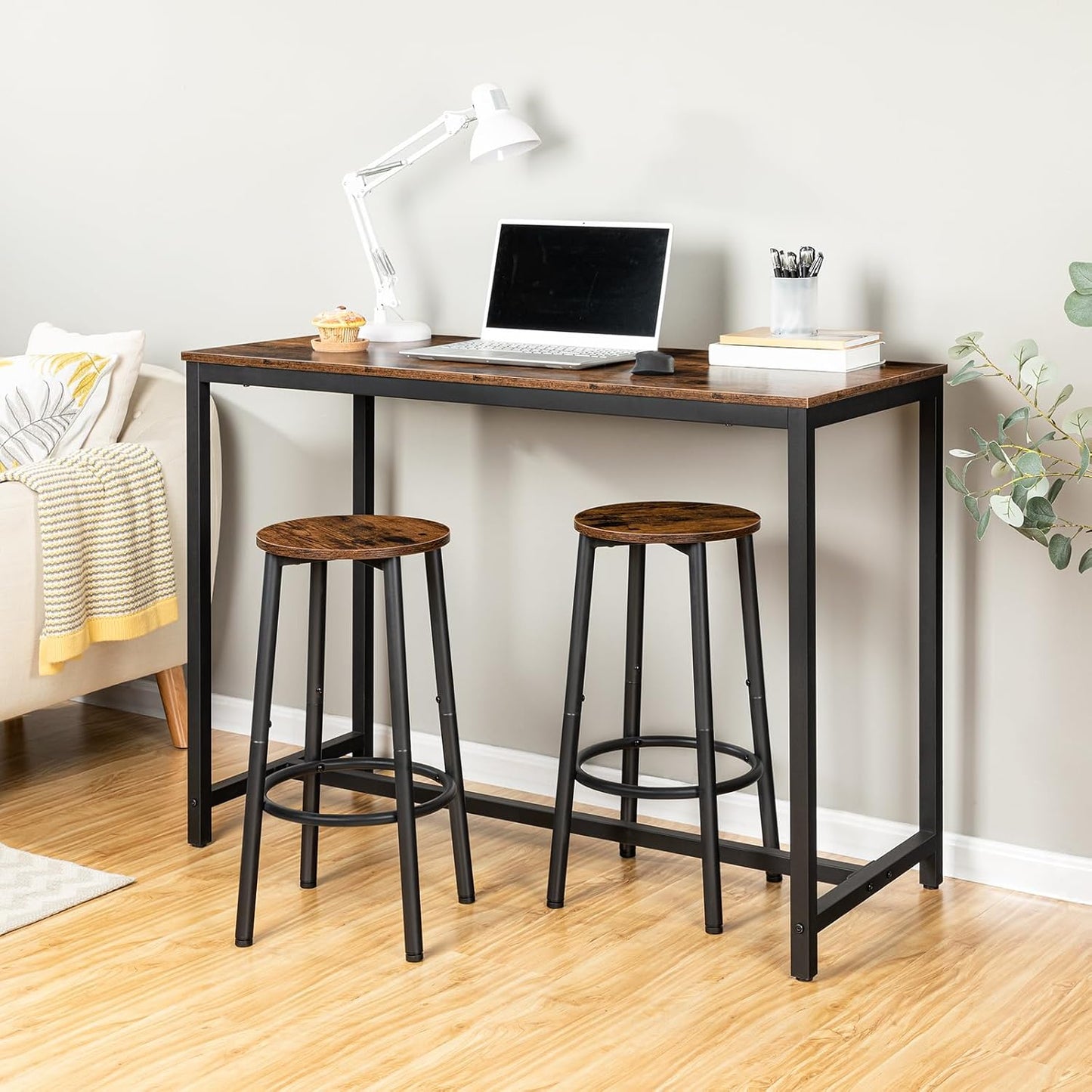 Bar Stools, Set of 2 Bar Chairs, Kitchen round Height Stools with Footrest, Breakfast Bar Stools, Sturdy Steel Frame, for Dining Room, Kitchen, Party, Easy Assembly, Rustic Brown BF03BY01