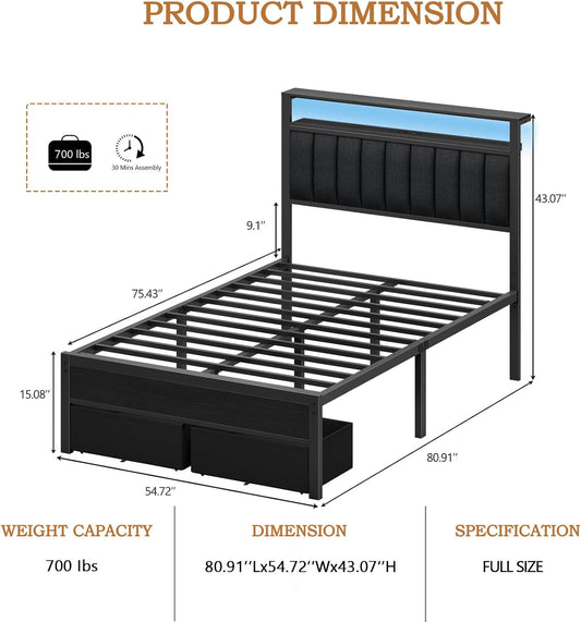 Full Size Bed Frame with Charging Station and LED Lights, Grey Upholstered Headboard with Shelves, Metal Platform Bed with 2 Under-Bed Storage (Fabric Drawer on Wheels), No Box Spring Needed