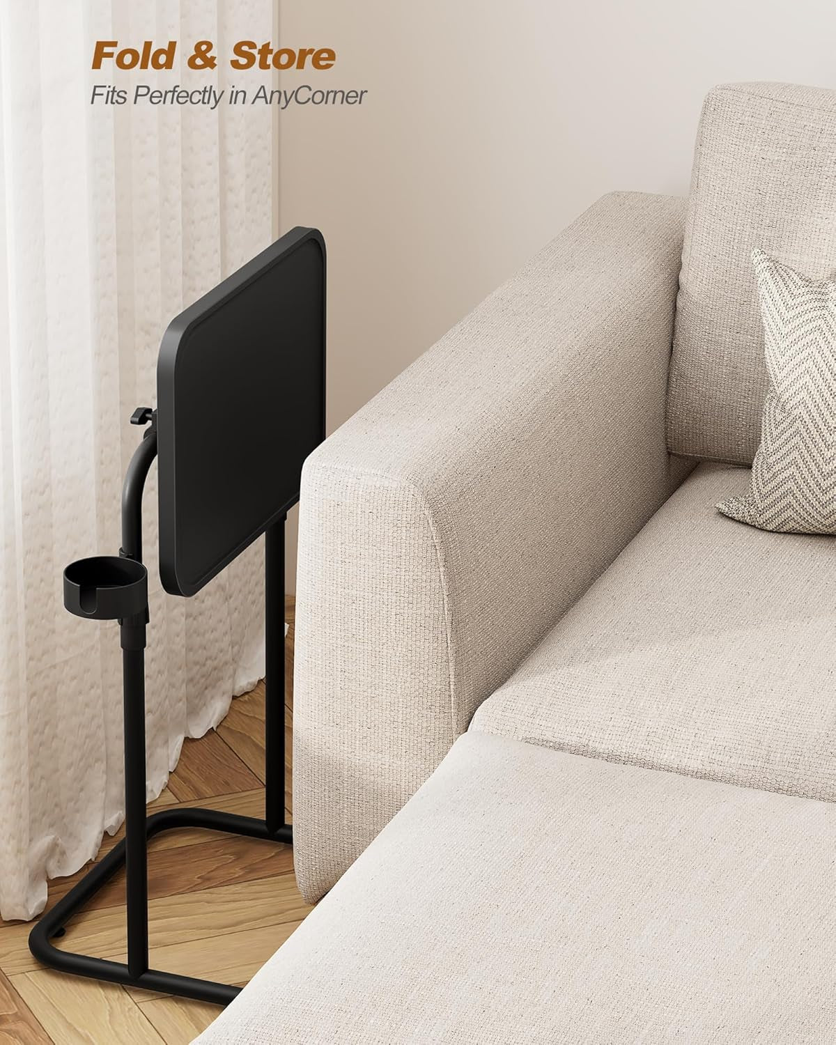C Shaped End Table with Tiltable Surface, Adjustable Height Side Table, Slide under Couch Table TV Tray for Eating, Sofa Tray for Livingroom, Bedroom White TB01BW091