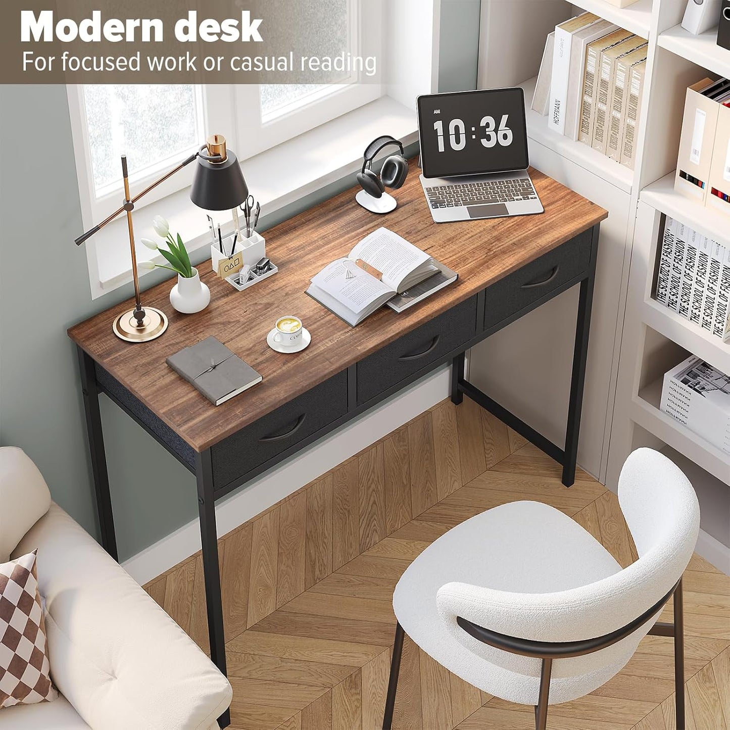 Computer Desk with Drawers, 39.3 Inch Small Vanity Desk with Storage, Home Office Bedroom Desk for Small Spaces, Modern Work Writing Study Gaming Tables, Rustic Brown