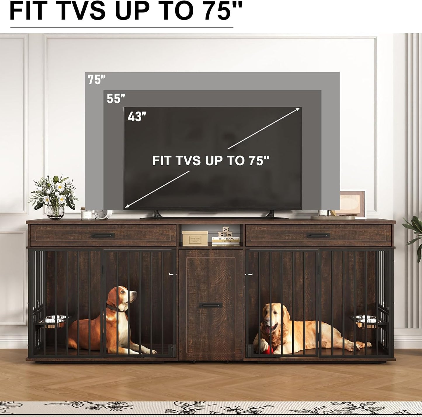 86.6" Dog Crate Furniture Large Breed TV Stand with Double Rooms, Wooden Dog Kennel Furniture with Dog Bowl, 2 Drawers and Cabinet for Large Medium Dogs, Brown