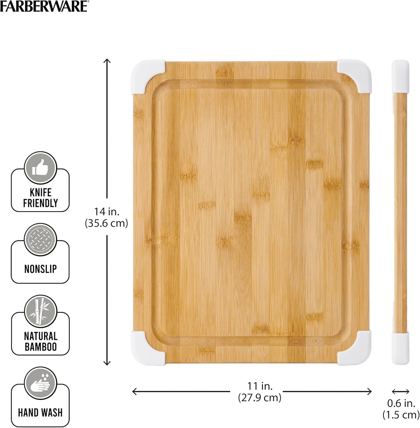 Nonslip Bamboo Cutting Board with Juice Groove, 11X14 Inch, White