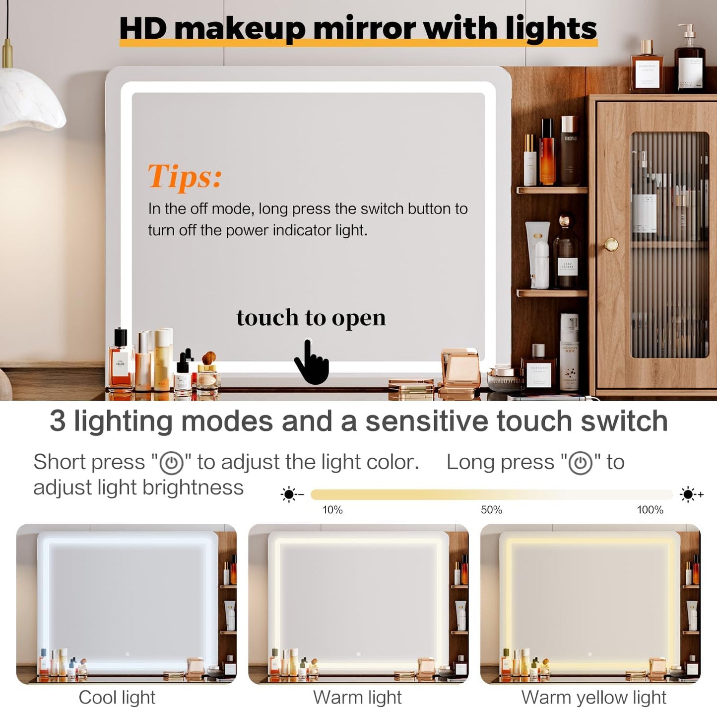 Vanity Desk with 29.53" HD Lighted Mirror, 47.24" Big Modern Vanity Desk with Mirror and Lights, Makeup Vanity with 5 Drawers and Storage Shelves and Charging Station, Brown